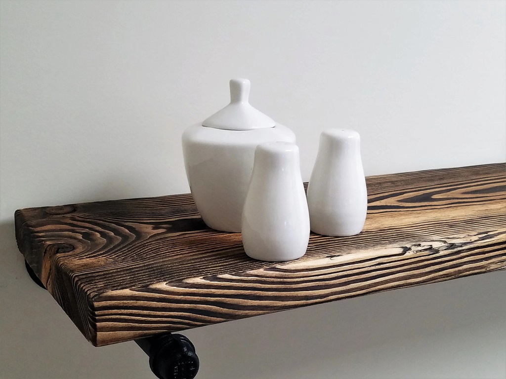 Rustic Open Shelves with Black Pipe Brackets