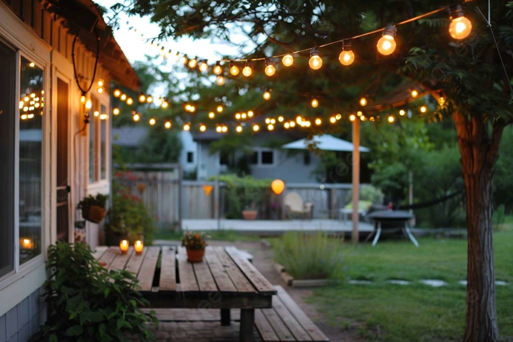 Cozy patio with dark sky compliant string lights illuminating a dining area