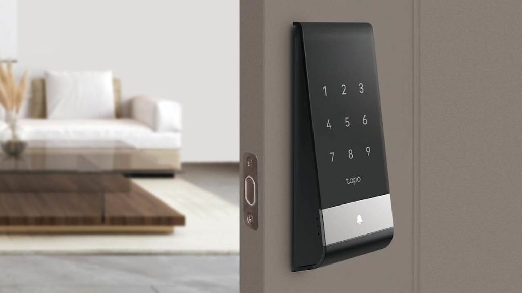 Modern smart lock with palm vein scanner installed on a front door.