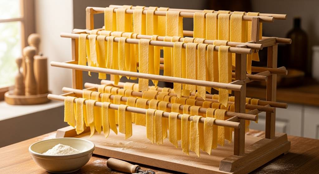 Freshly rolled pasta sheets hanging to dry on wooden rack