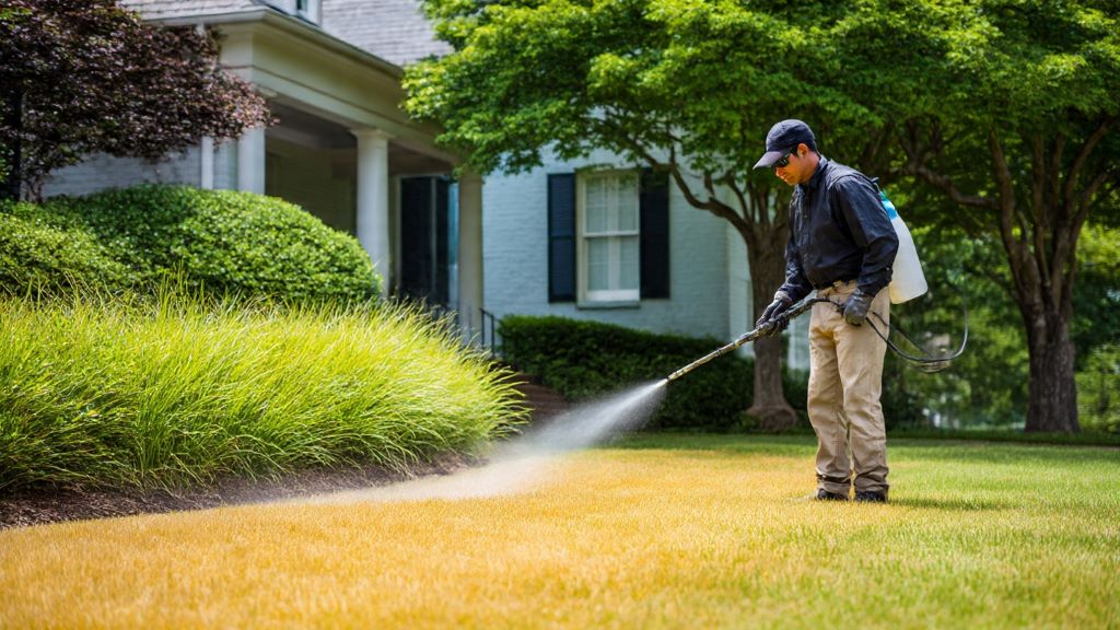 Homeowner spraying liquid fertilizer on pale yellow grass lawn to restore green color