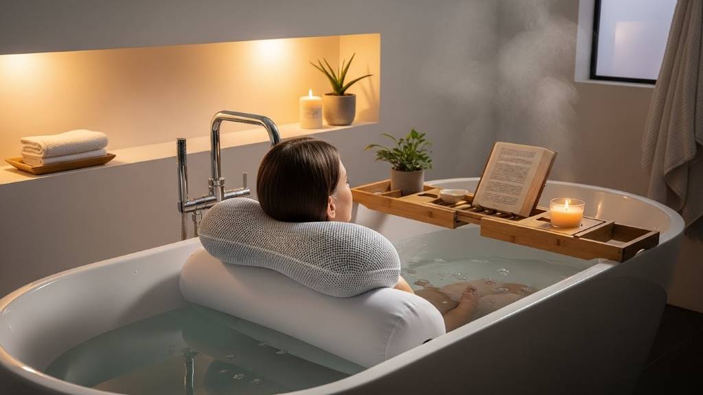 Full-body waterproof bath pillow in modern bathroom creating spa-like comfort