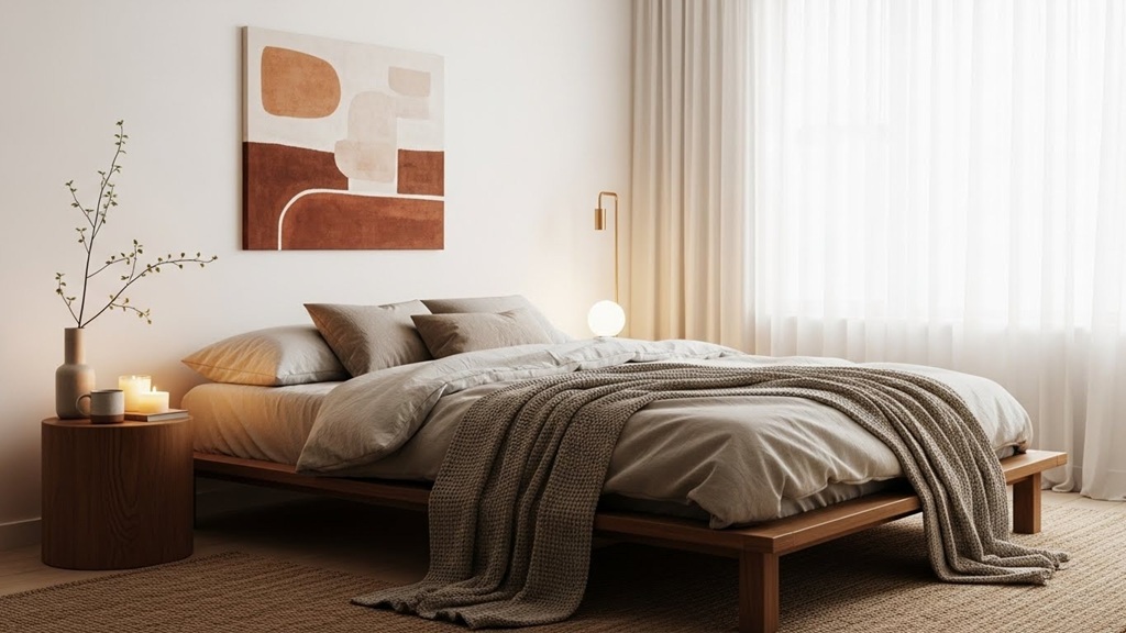 Serene neutral bedroom decor with minimalist furniture