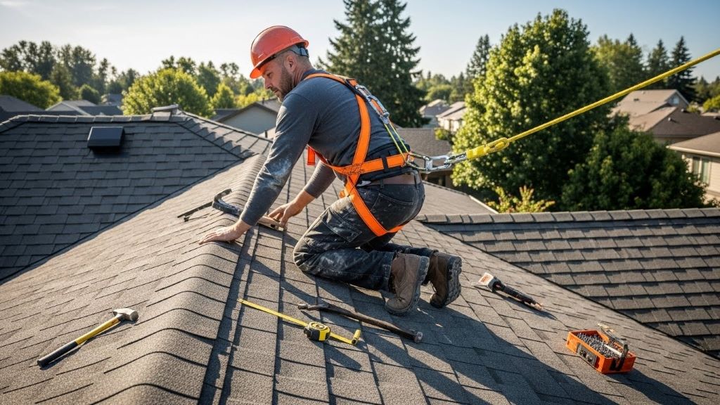 Construction worker wearing safety harness connected to anchor point on residential roof