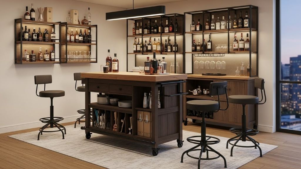 Flexible home bar setup showing rearrangeable furniture pieces including mobile island, wall-mounted shelves, and adjustable seating