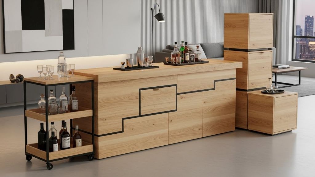 Modern modular home bar with wooden counter sections, rolling cart, and stackable storage cabinets in contemporary living space