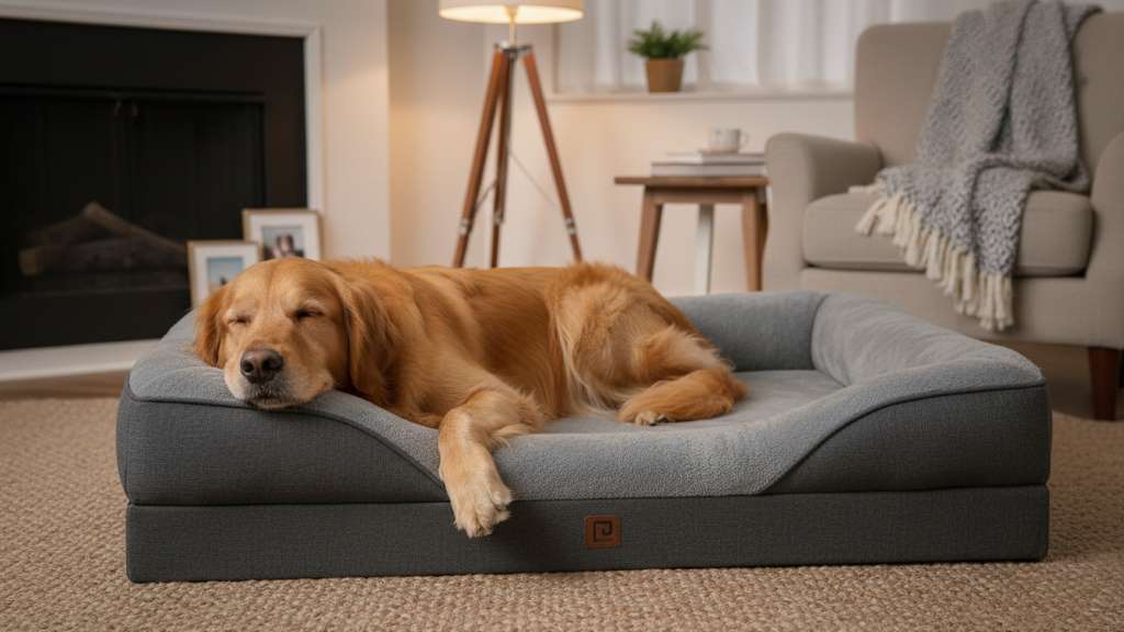 Large breed dog resting peacefully on orthopedic foam bed in cozy home setting