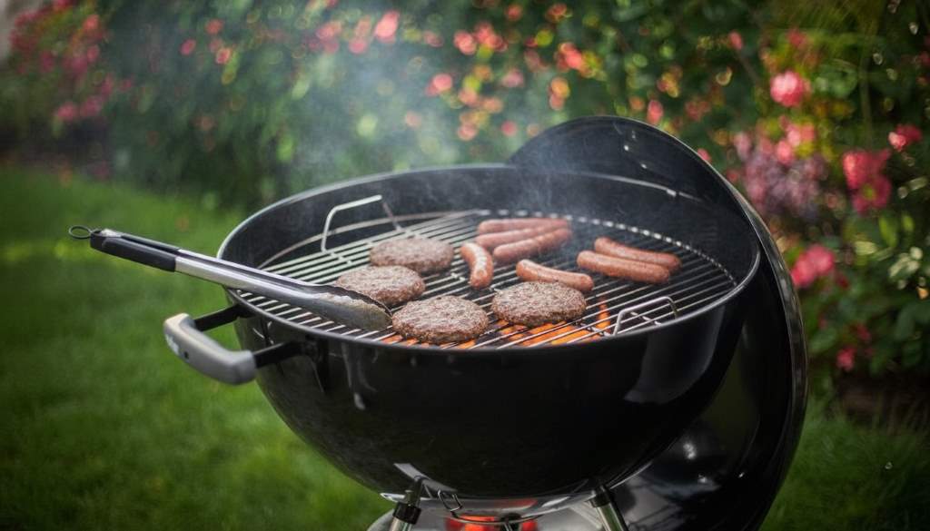 Weber Original Kettle 22-inch charcoal grill in backyard with burgers and hot dogs cooking over glowing coals
