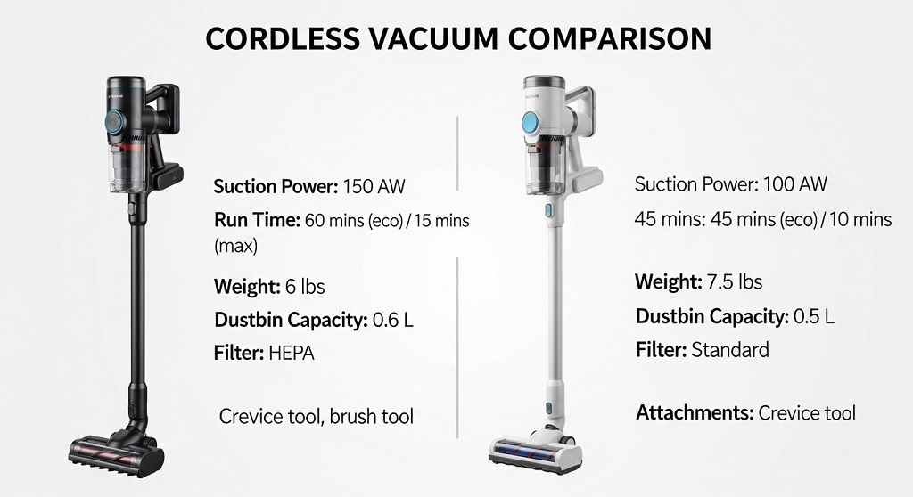 Lightweight stick vacuum weight distribution diagram showing top-heavy versus balanced design