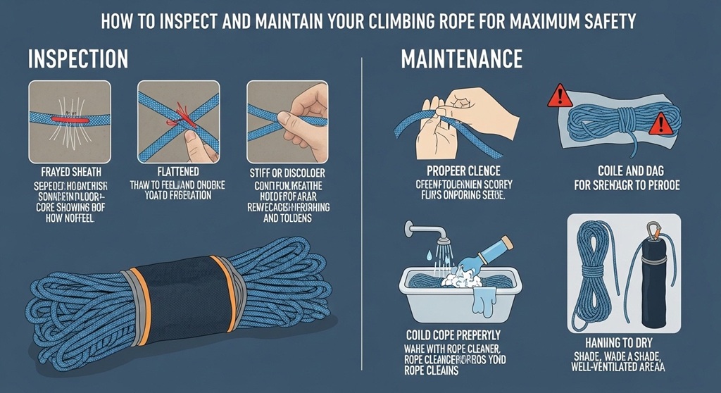Climber performing hand-over-hand rope inspection before lead climb