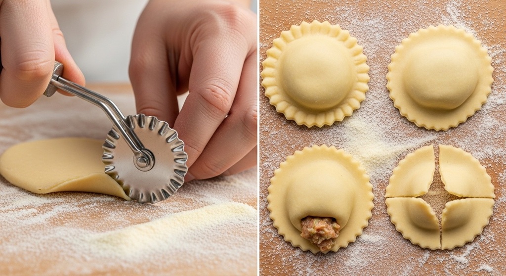 Properly sealed homemade ravioli before boiling