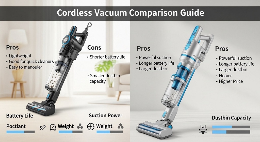 Person comparing cordless vacuum battery capacity and suction power specifications side by side