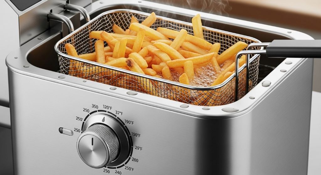 Stainless steel home deep fryer with temperature control dial and basket containing golden crispy french fries