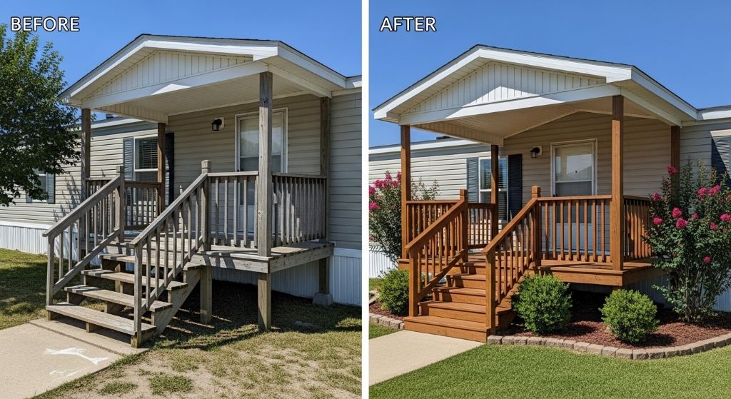 Before and after comparison of manufactured home entrance showing transformation from metal steps to permanent wood deck with porch roof