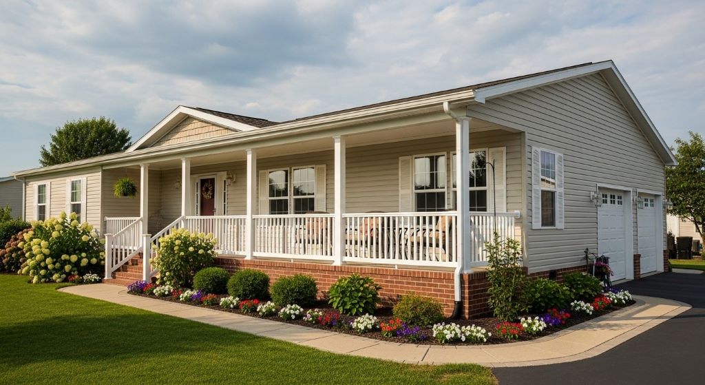Triple wide manufactured home with upgraded brick skirting, covered front porch, and professional landscaping showing curb appeal improvements