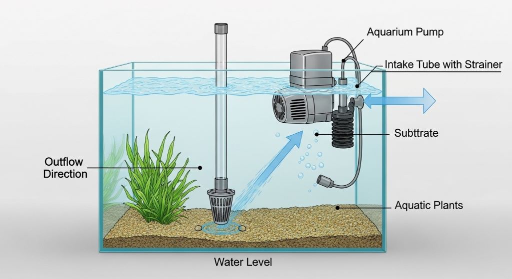 Aquarium pump installation diagram displaying intake tube positioning and outflow direction for effective filtration in fish tank