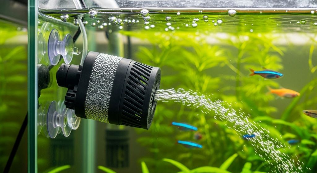 Internal aquarium pump attached to tank glass with suction cups showing proper underwater placement for optimal water circulation