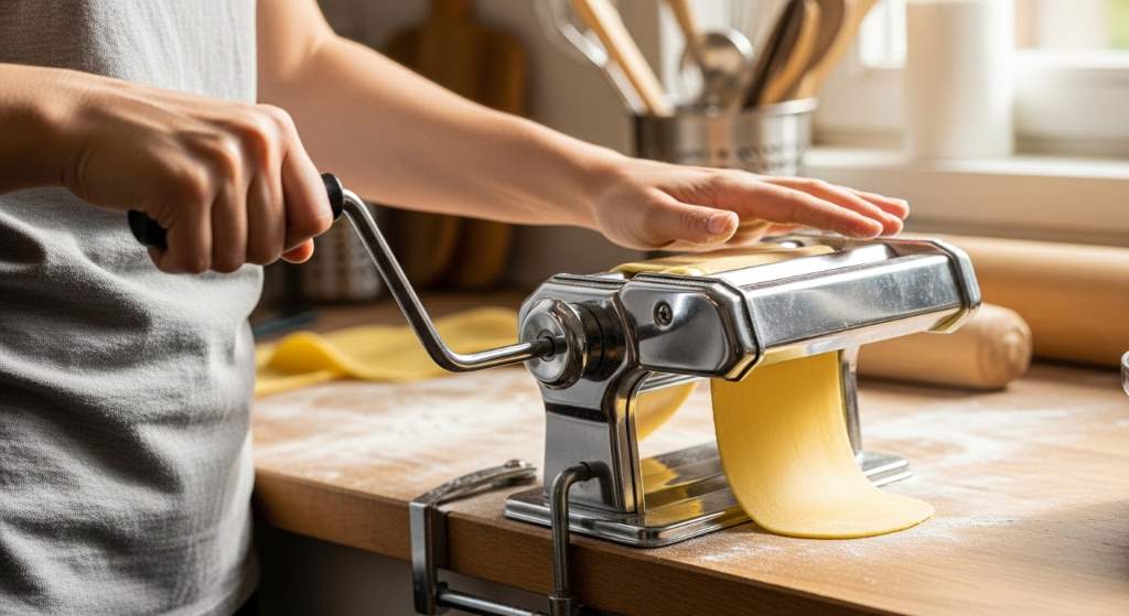 Person turning hand crank on manual pasta maker while feeding dough through rollers
