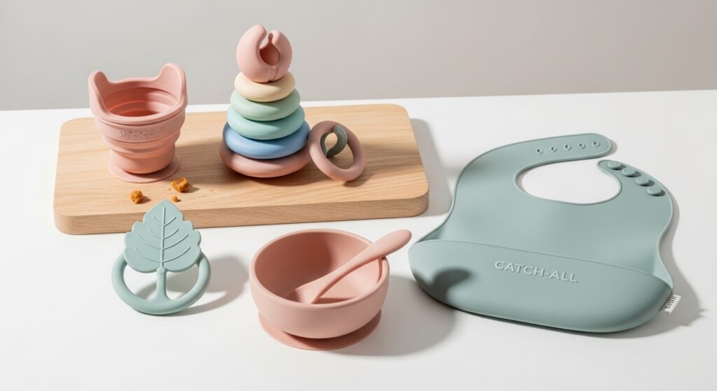 Food-grade silicone baby feeding set with bowl, spoon, and bib