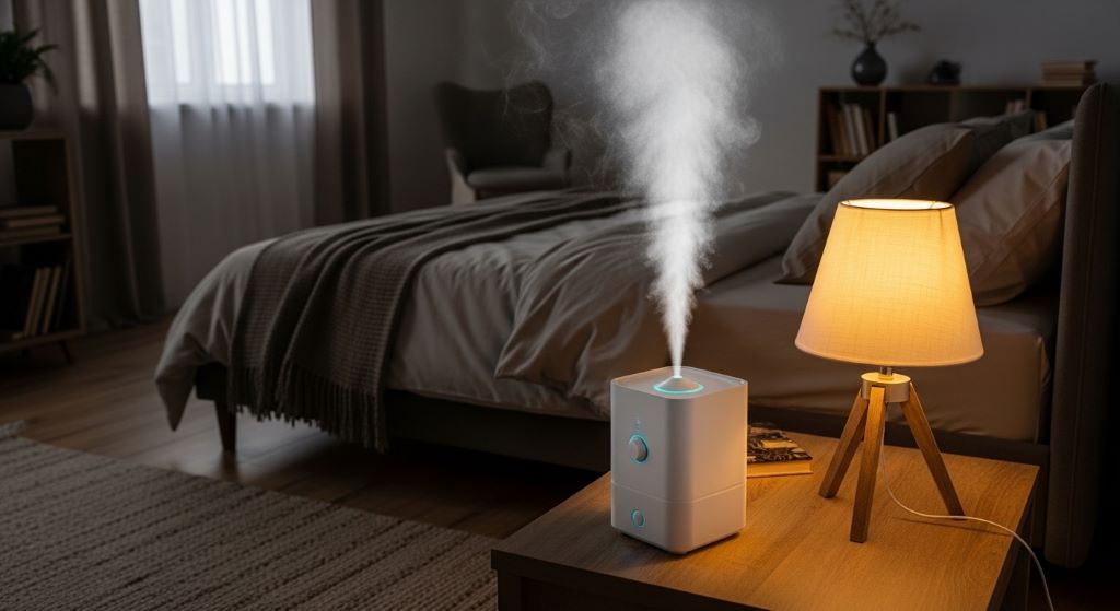 White ultrasonic humidifier releasing cool mist on bedroom nightstand next to lamp in cozy room with soft lighting