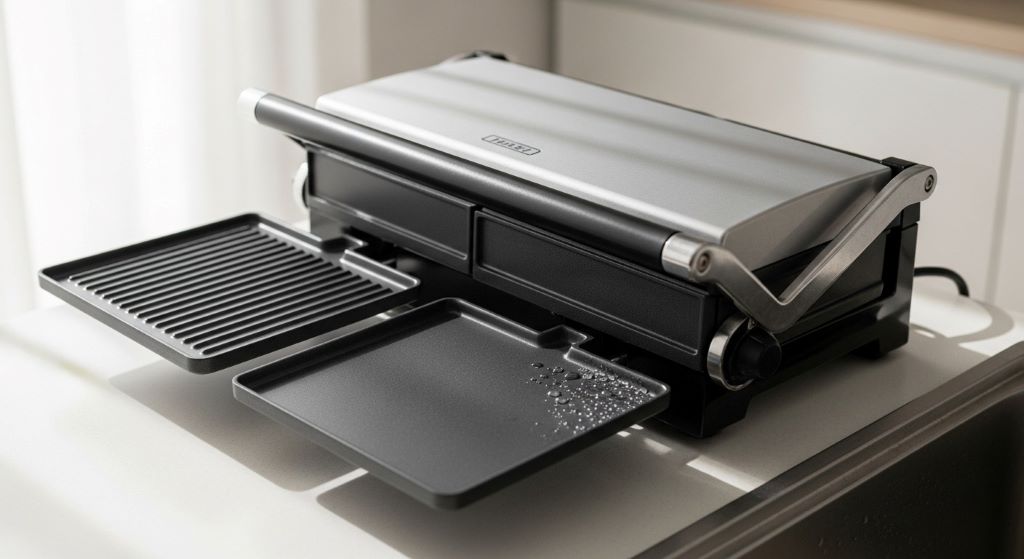 Clean non-stick contact grill with removable plates on kitchen counter