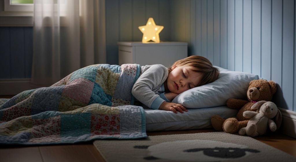 Toddler sleeping peacefully on an age-appropriate pillow in a cozy bedroom with soft lighting