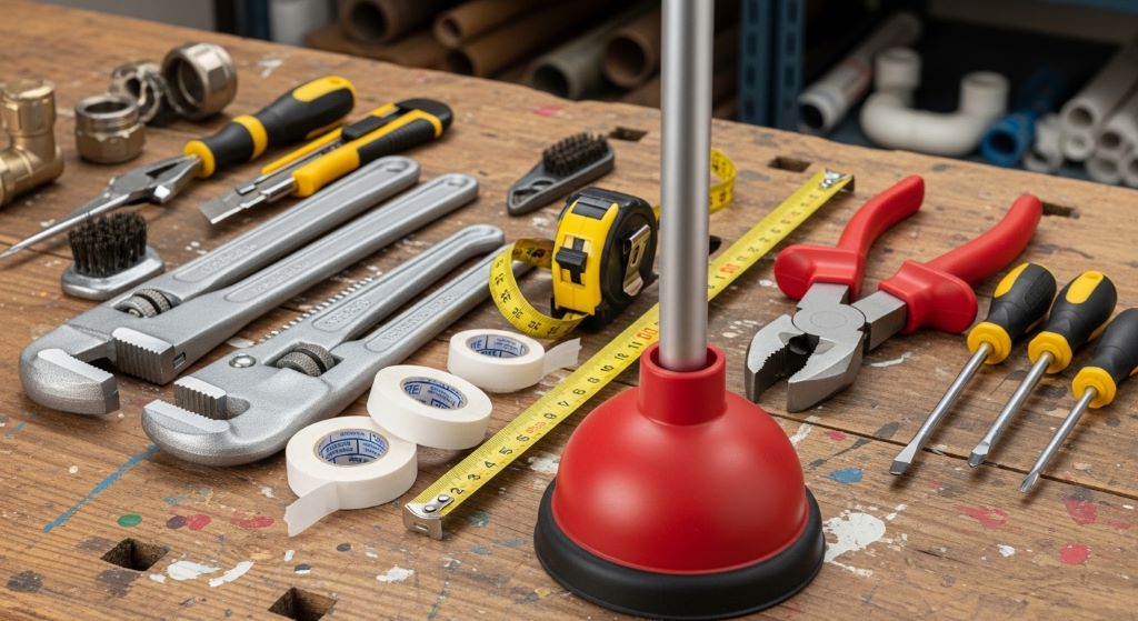 A beginner plumbing tools kit laid out on a workbench including pipe wrenches, plunger, tape measure, and plumber's tape