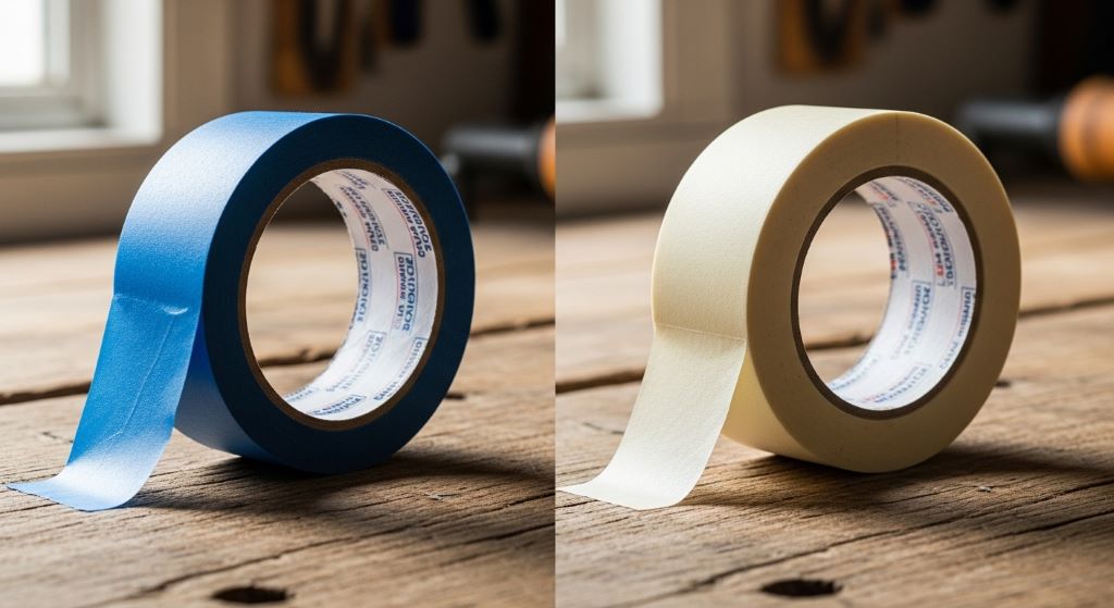 Side-by-side comparison of painter's tape and masking tape rolls on a wooden workbench