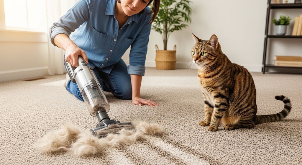 A person using a pet hair vacuum on a carpet covered in cat fur, with a tabby cat sitting nearby watching
