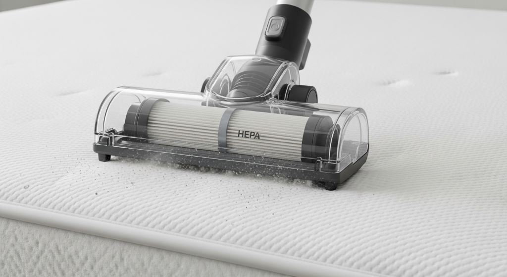 Close-up of a vacuum cleaner with a HEPA filter being used on a white mattress to create an allergy-free home environment