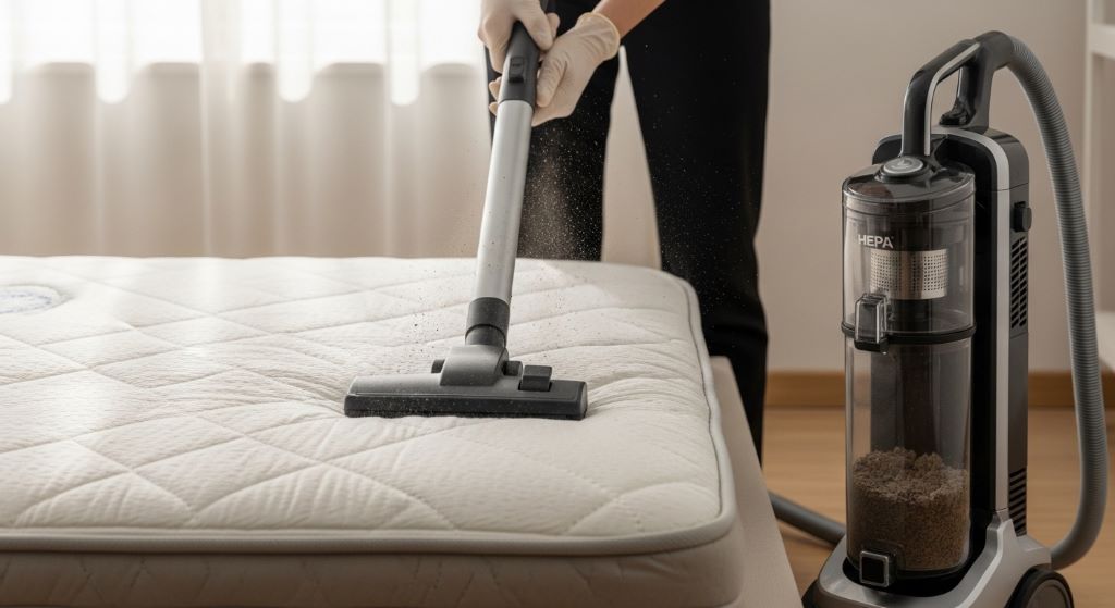 Person using a HEPA vacuum cleaner with a mattress attachment for deep cleaning mattress surfaces to eliminate dust mites