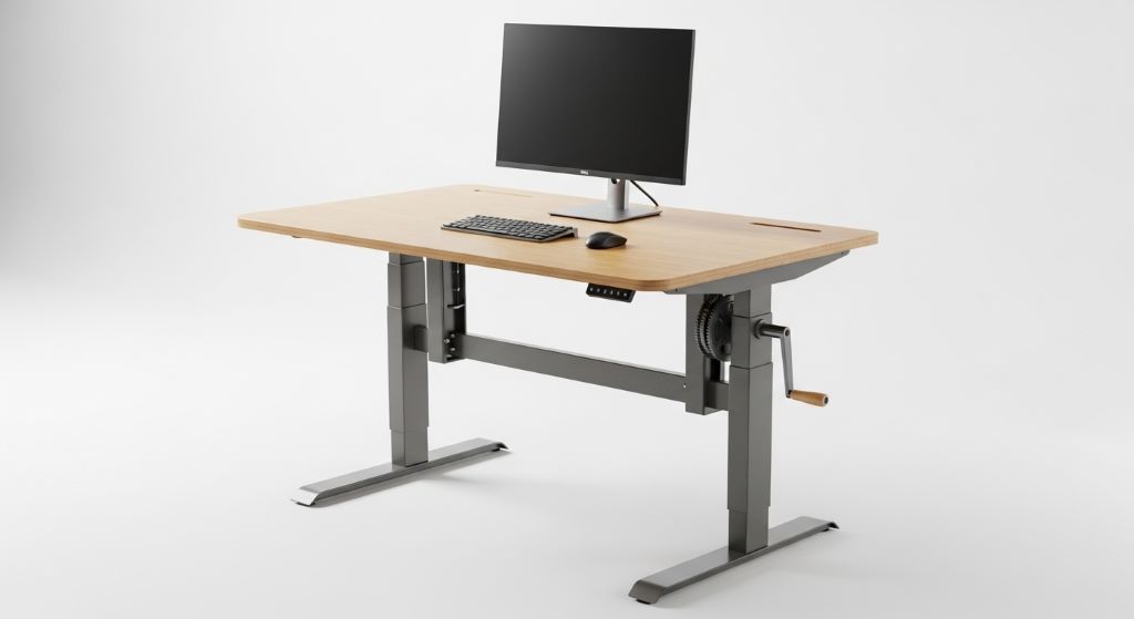 Budget-friendly manual crank standing desk showing quality construction and stability