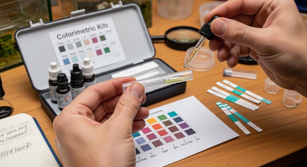 Hobbyist performing cost-effective water quality check using colorimetric test kit
