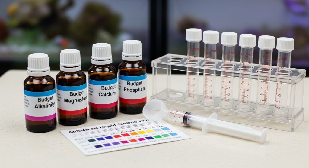 Affordable liquid test kit with reagent bottles for budget reef aquarium water testing