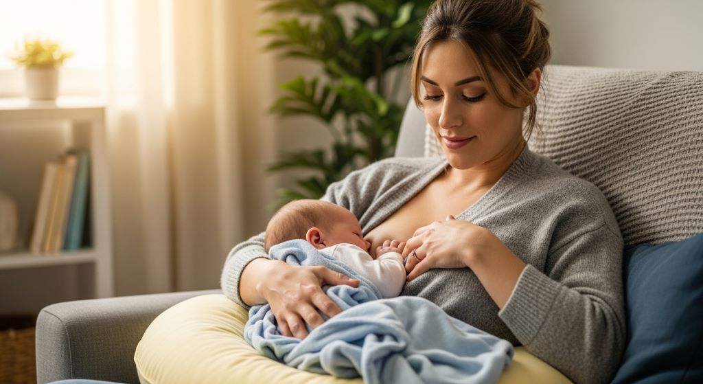 mother using nursing pillow for baby feeding