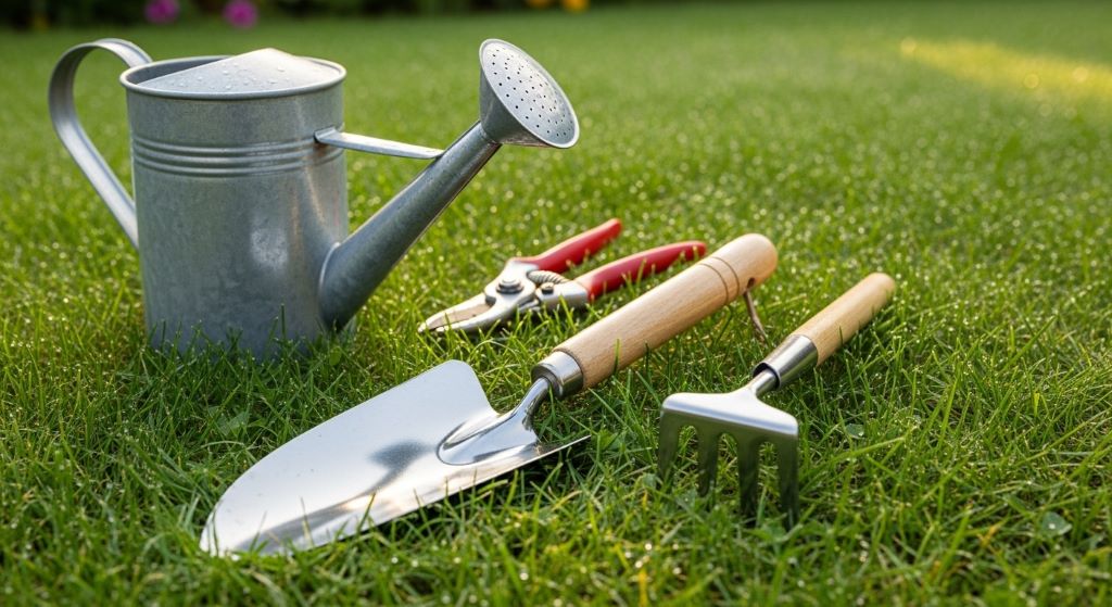 A selection of essential simple garden tools including a trowel, rake, pruning shears, and watering can laid on green grass
