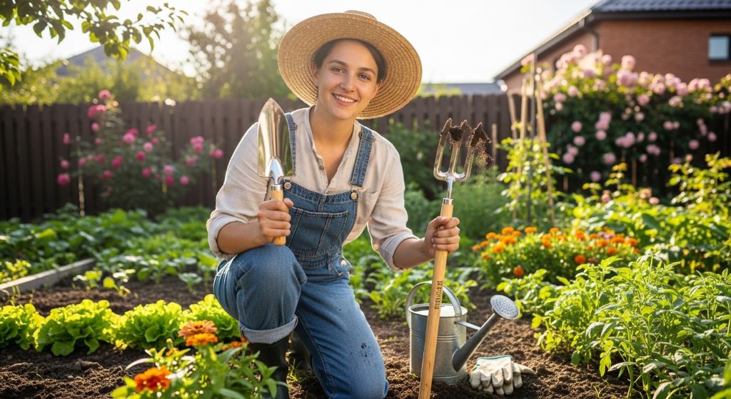 A beginner gardener holding a hand trowel and garden fork in a sunny backyard garden