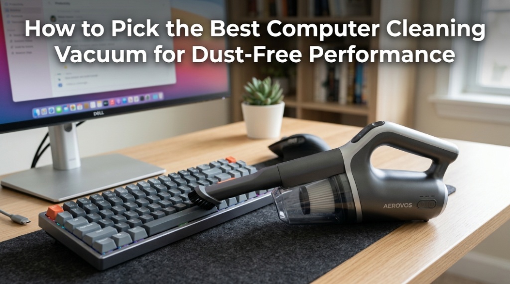 Handheld electronic vacuum on a clean desk with text overlay about dust-free computer performance.