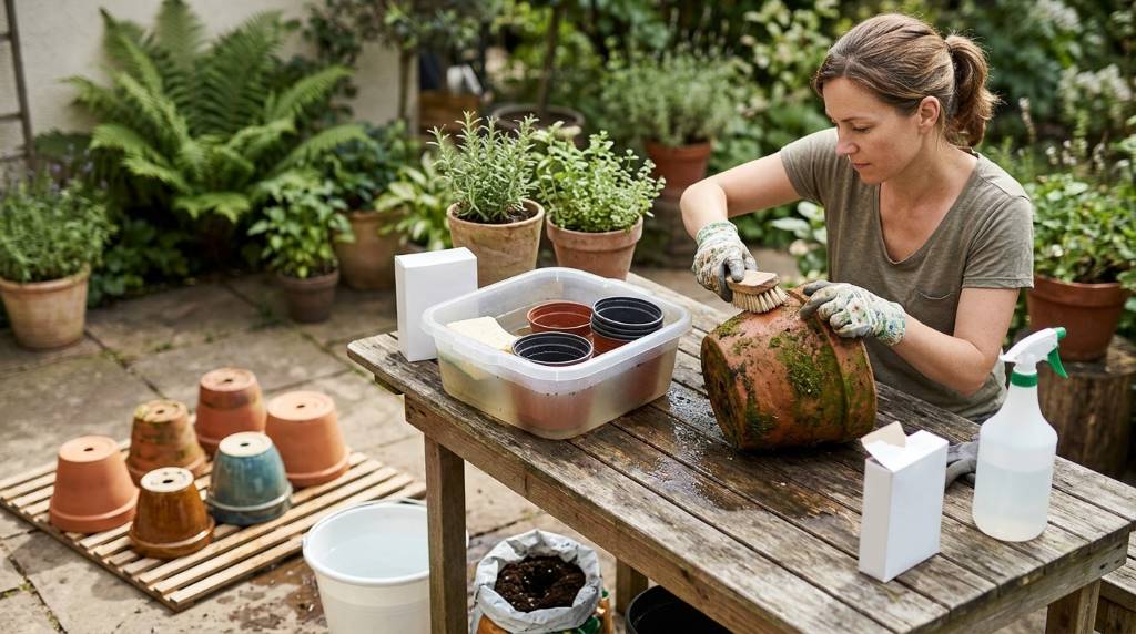 Eco-friendly plant pot cleaning supplies arranged on a garden table in Portland OR