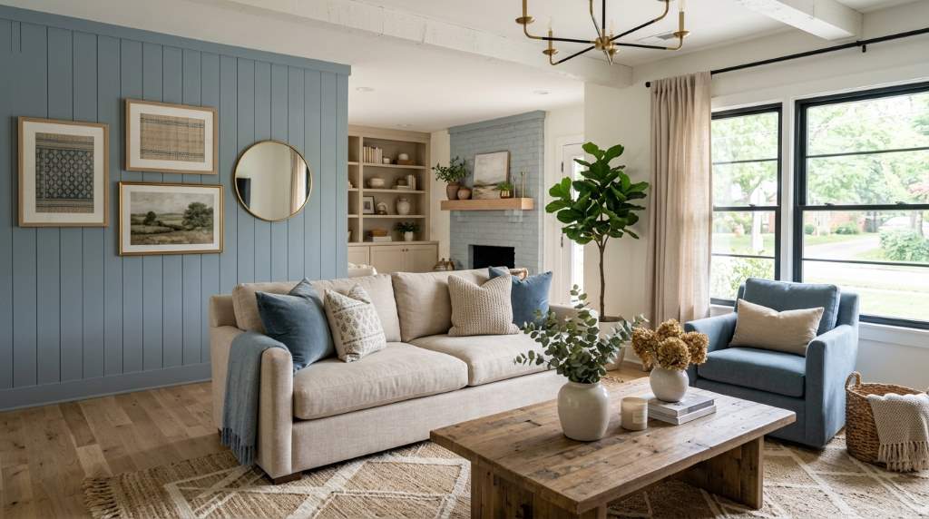 Elegant Nashville kitchen featuring dusty blue cabinets, beige countertops, and warm farmhouse décor accents