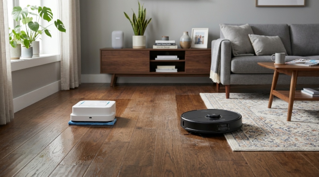 A smart home cleaning setup showing a robot vacuum and mop working together on hardwood floors with a voice assistant device in the background