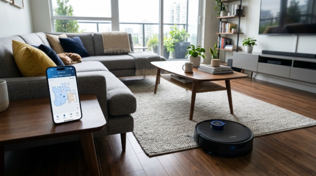 A robotic vacuum cleaner autonomously cleaning a modern living room with a smartphone app displayed on a nearby table
