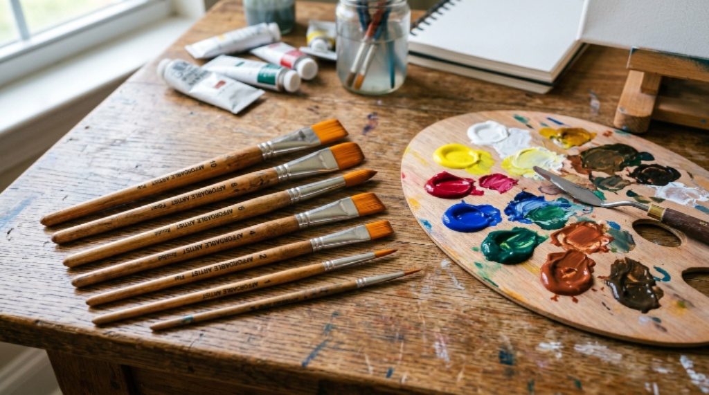 A set of affordable paint brushes with synthetic bristles and hardwood handles arranged on a wooden surface next to a paint palette