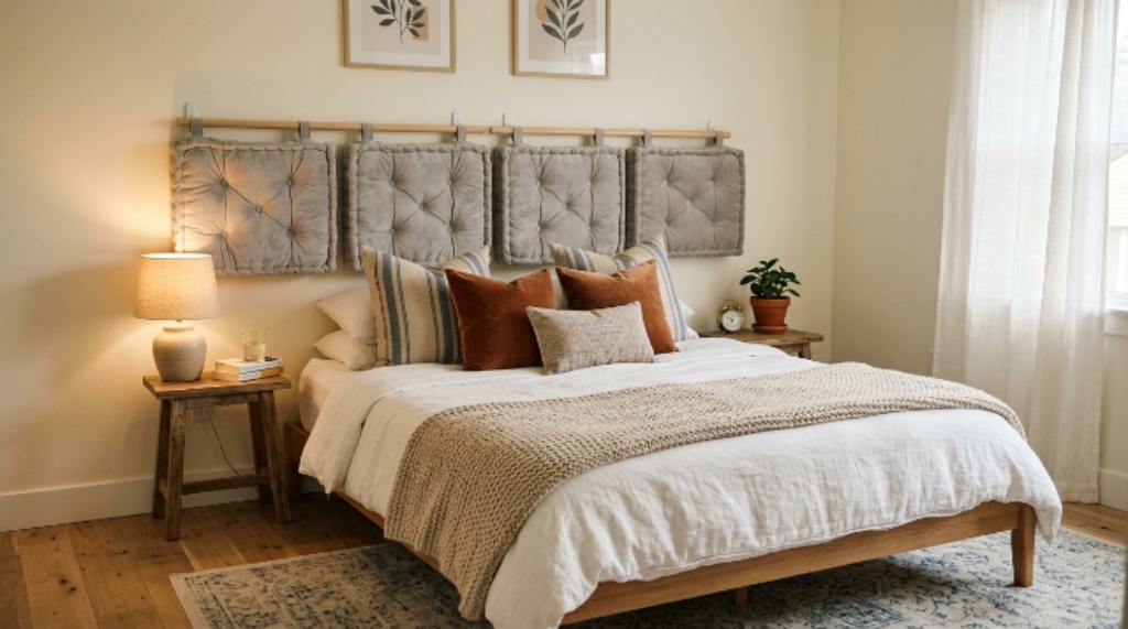 Tufted wall cushions mounted above a bed creating a renter-friendly headboard alternative in a cozy bedroom