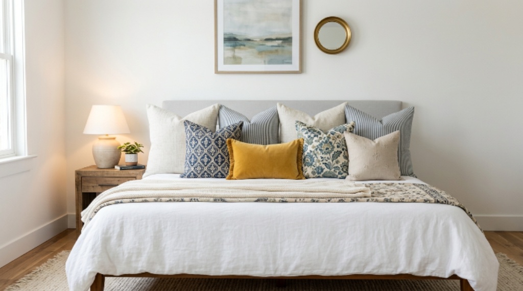 A neatly arranged row of Euro and accent pillows leaning against a white bedroom wall above a bed