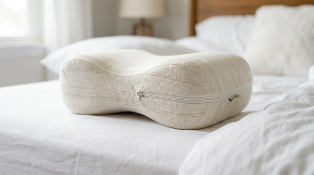 Close-up of a memory foam knee pillow with a removable bamboo cover on a white bed