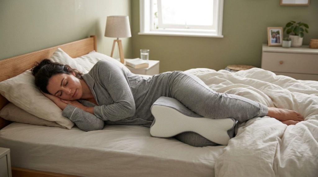 Person sleeping on their side with an hourglass-shaped orthopedic leg spacer pillow placed between their knees