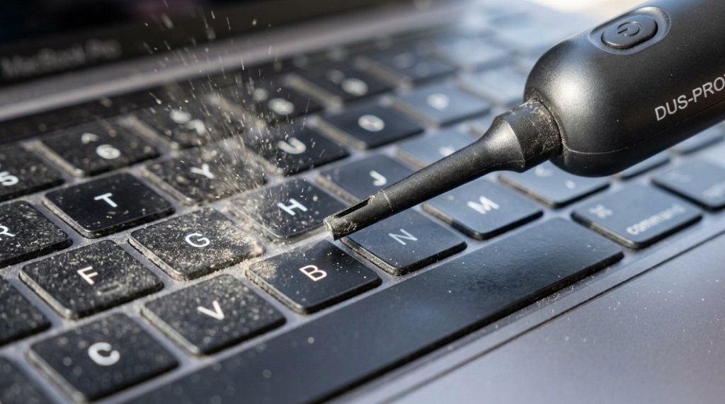 Close-up of a mini vacuum nozzle removing dust from a mechanical keyboard.