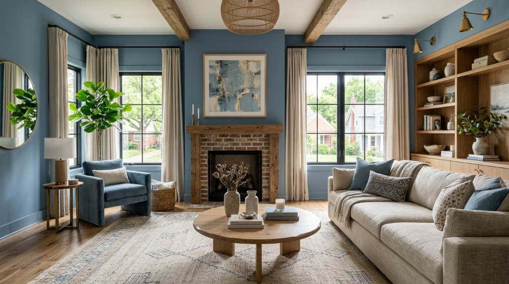 Modern Nashville living room interior using dusty blue and beige color palette with wooden furniture and natural lighting