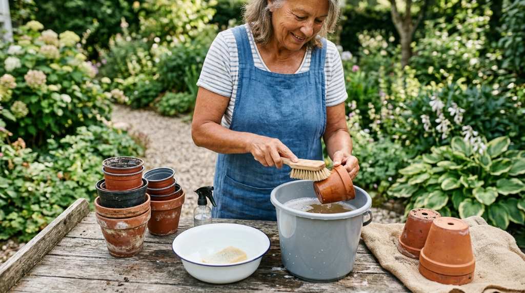 Portland homeowner cleaning terracotta plant pots with vinegar and soft brush outdoors